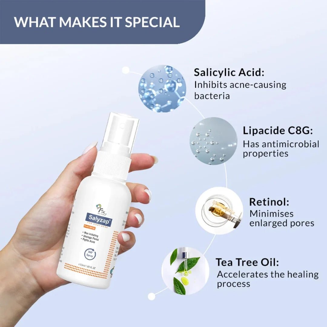 fd salyzap - Fixderma 2% Salicylic Acid Salyzap Body Acne Spray For Acne on Back, Shoulders, Neck & Chest to improve Breakouts & Uneven skin texture for Women & Men - 50ml - Looknstyle