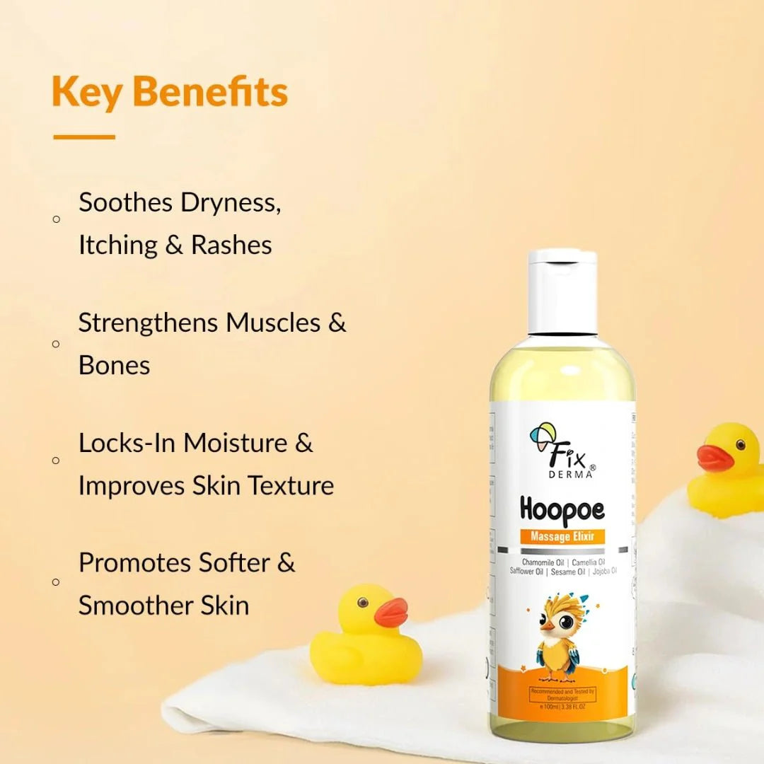 Fixderma Hoopoe Baby Massage Elixir|Baby Oil with Chamomile, Camellia, Safflower, Seasome & Jojoba Oil |Baby Massager Oil | Dermatologist Tested (100 Ml) - Deals999