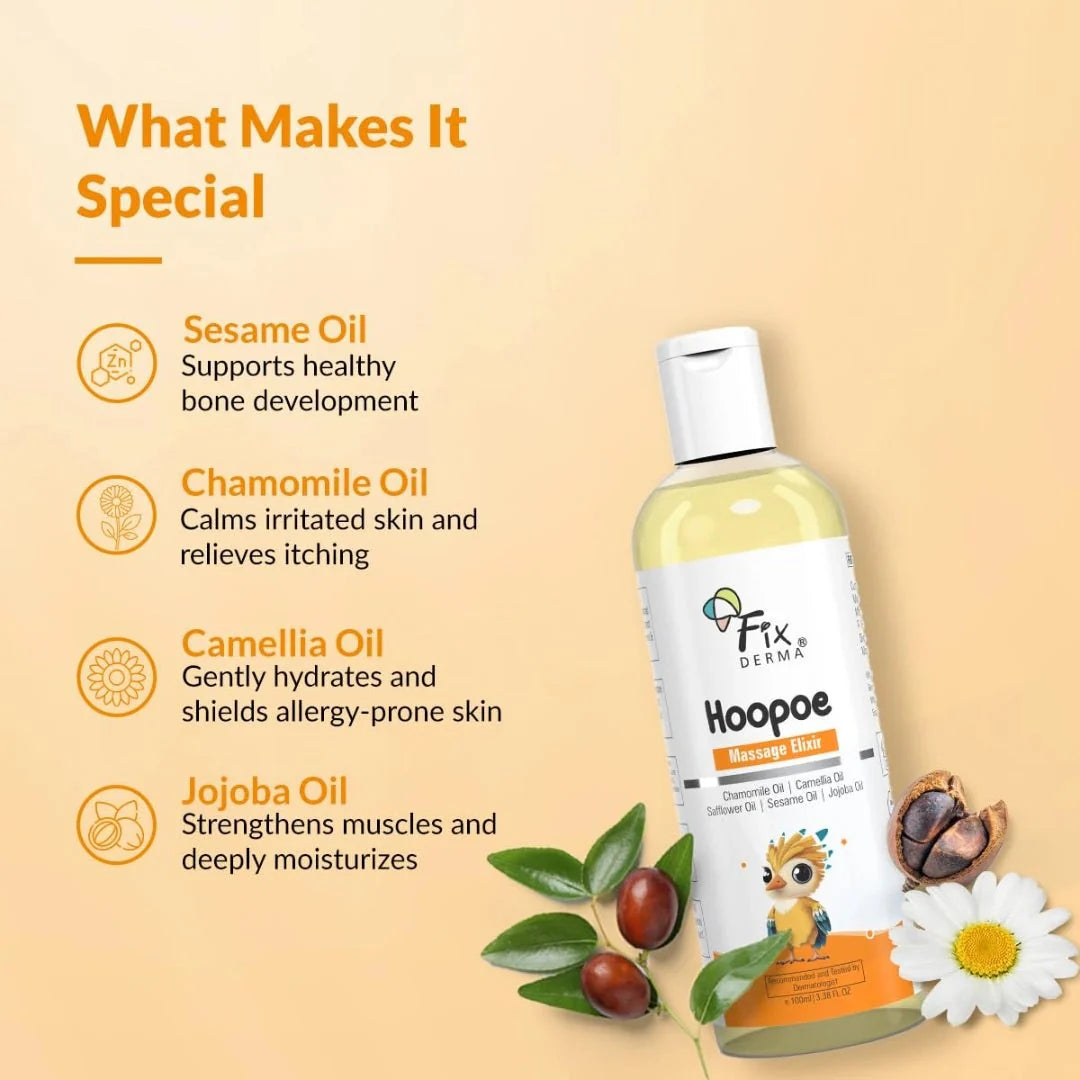 Fixderma Hoopoe Baby Massage Elixir|Baby Oil with Chamomile, Camellia, Safflower, Seasome & Jojoba Oil |Baby Massager Oil | Dermatologist Tested (100 Ml) - Deals999