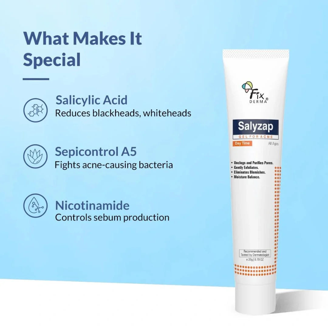 Fixderma Salyzap Day Time Gel For Acne, With Salicylic Acid, For Acne Scars, Pimples, Unclogs pores, Exfoliates, Soothes Acne And Redness Reduces Breakouts, Suitable for Oily And Acne - Prone Skin, 20ml - Deals999