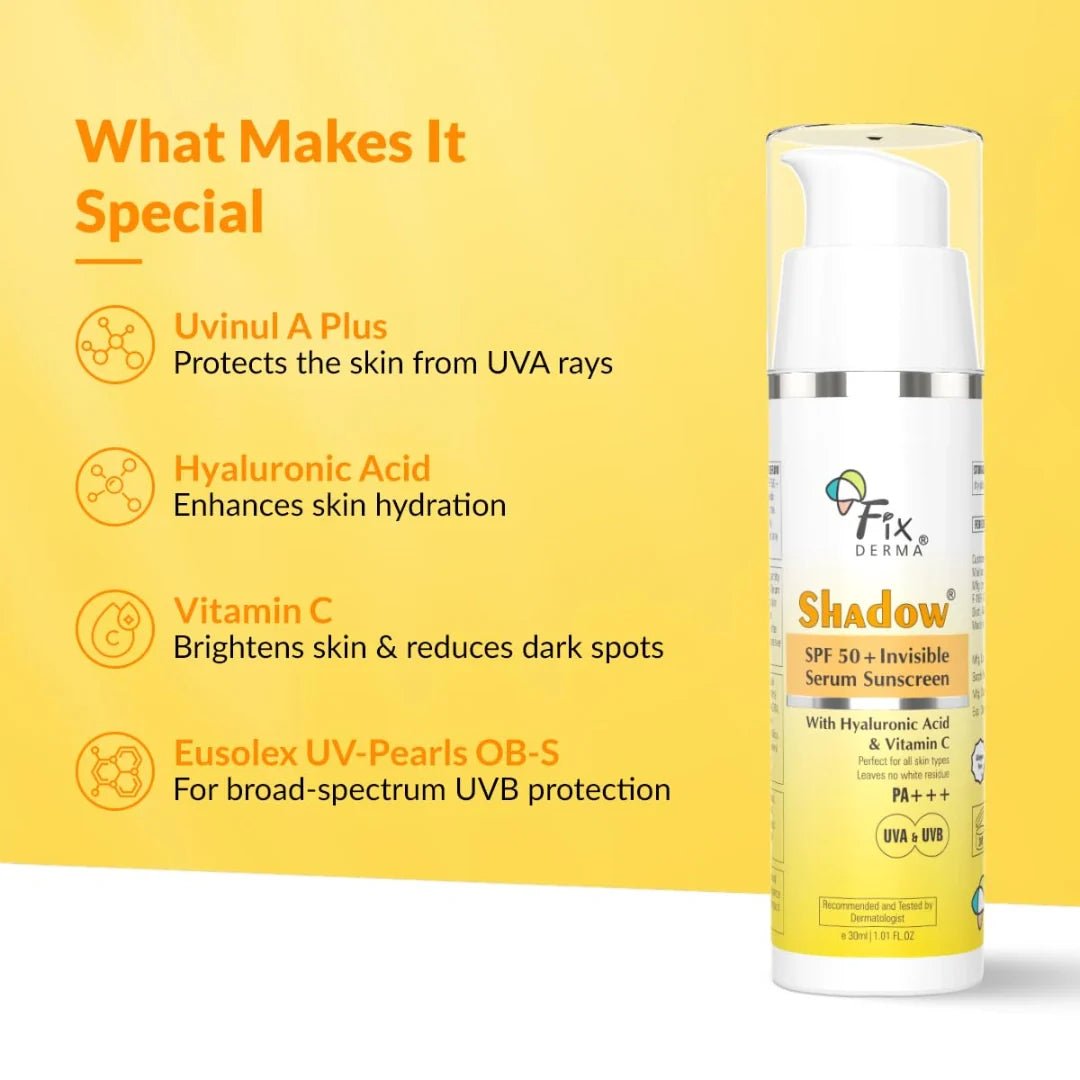  - FIXDERMA Shadow Invisible Serum Sunscreen SPF 50+ PA+++|Ultra Lightweight Transparent Sunscreen with Vitamin C & Hyaluronic Acid|No White Cast|For All Skin Types|For Men & Women|Airless Pump 30 ML - Looknstyle