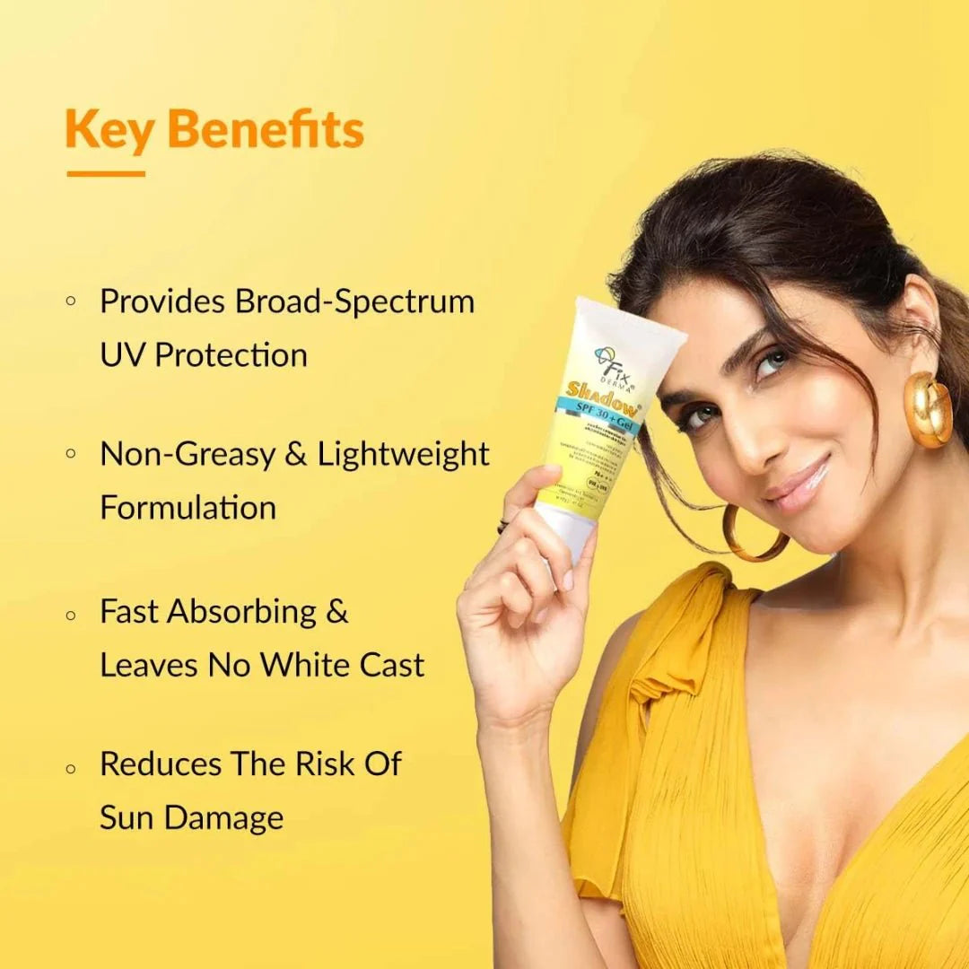 Fixderma Shadow Sunscreen SPF 30+ Pa+++ Gel For Oily Skin | Lightweight, Water Resistant, No White Cast | Broad Spectrum Sunscreen Gel For UVA & UVB Protection | Women & Men | 40gm - Deals999