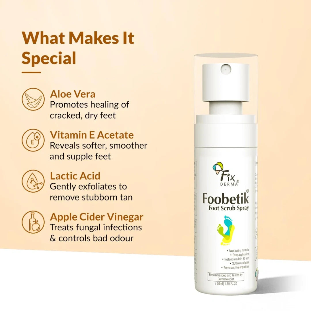 Fixderma Foobetik Foot Scrub Spray with Lactic Acid | 30 sec Foot Facial Spray | Foot Scrubber for Dead Skin | Callus Remover Spray | Heel Scrubber for Feet|Instantly Smooth & Soft Feet - 50ml