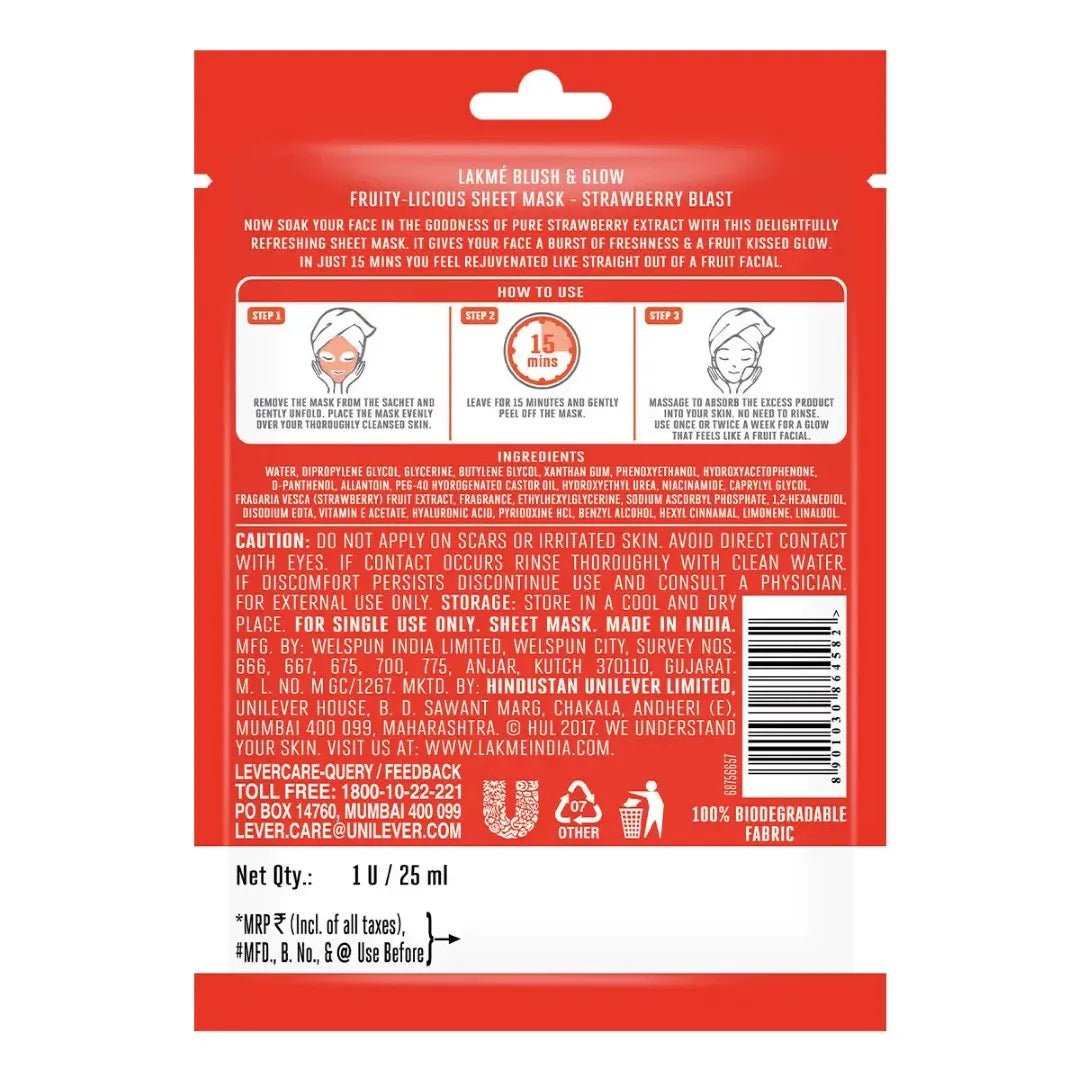 lakstrwmsk - Lakme Blush & Glow Strawberry Sheet Mask Fruit Facial Like Glow (25ml - Looknstyle