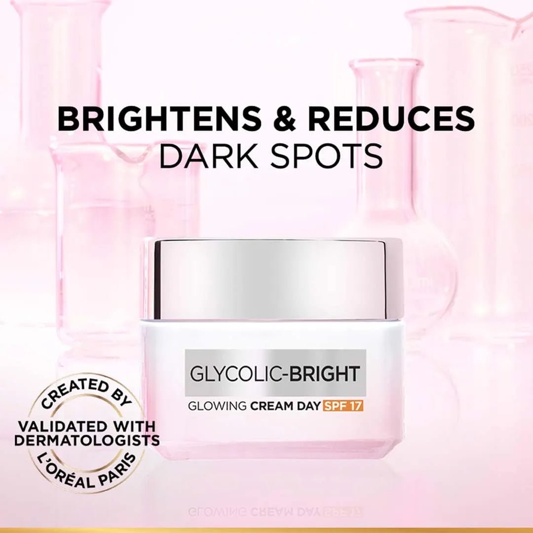 lopdacrm - L'Oreal Paris Glycolic Bright Glowing Day Cream, Overnight Brightening Cream, Glycolic Acid in Gel - Like Cream Texture, that Visbily Minimizes Spots & Reveals Glowing skin (50ml) - Looknstyle