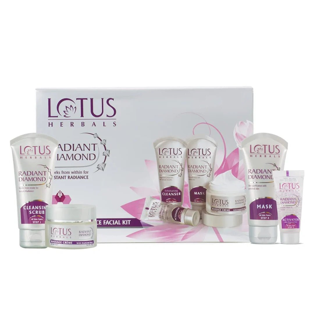 LOTUK KITS - Lotus Herbals Radiant Diamond Cellular Radiance 5 In 1 Facial Kit | With Diamon Dust & Cinnamon | For Women & Men | For All Skin Types | 170g - Looknstyle