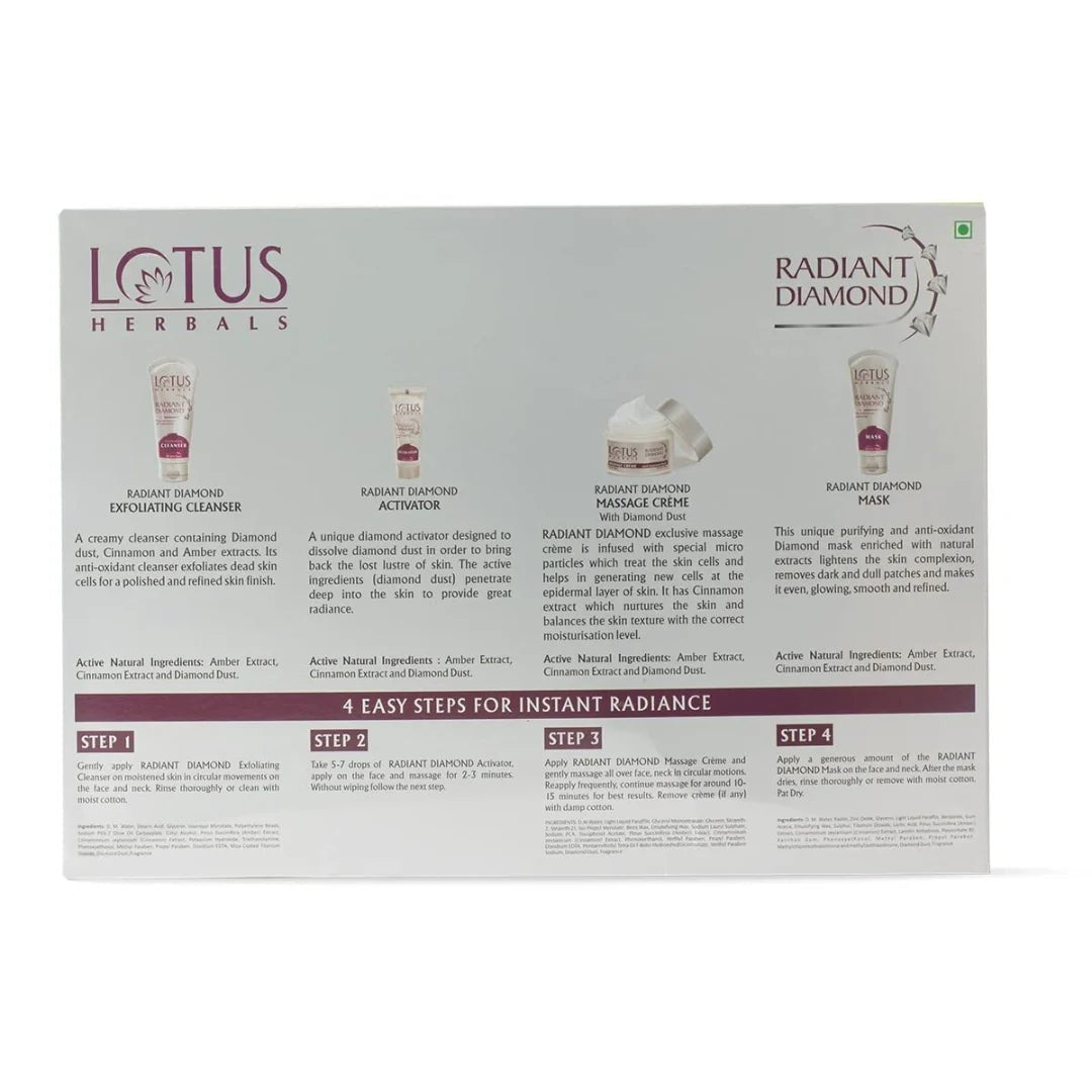 LOTUK KITS - Lotus Herbals Radiant Diamond Cellular Radiance 5 In 1 Facial Kit | With Diamon Dust & Cinnamon | For Women & Men | For All Skin Types | 170g - Looknstyle