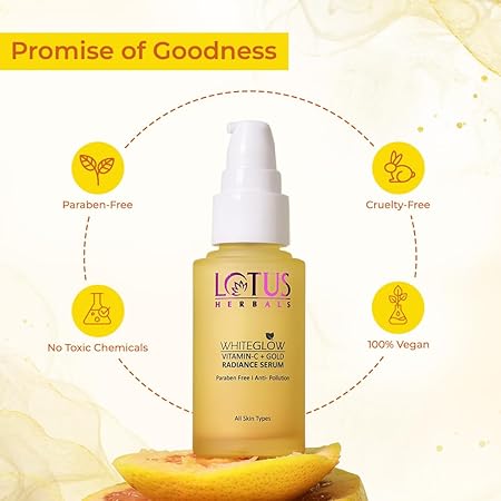 Lotus Herbals WhiteGlow Vit C and Gold Radiance Face Serum | Reduces Dark Spots | Enriched with & Gold | Smoothens Skin | Boosts Radiance | Paraben - Free | 30ml - Deals999