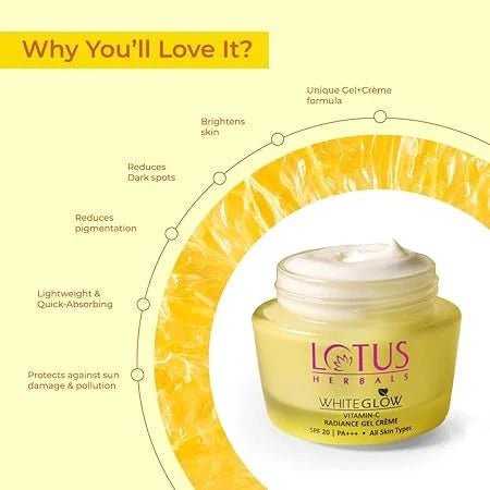 lh3 - Lotus Herbals WhiteGlow Vitamin C Gel Crème | Reduces Dark Spots | Unique Gel + Crème Formula | 100x More Vitamin C | Boosts Radiance | SPF 20 PA+++ | Paraben - Free | 50g - Looknstyle