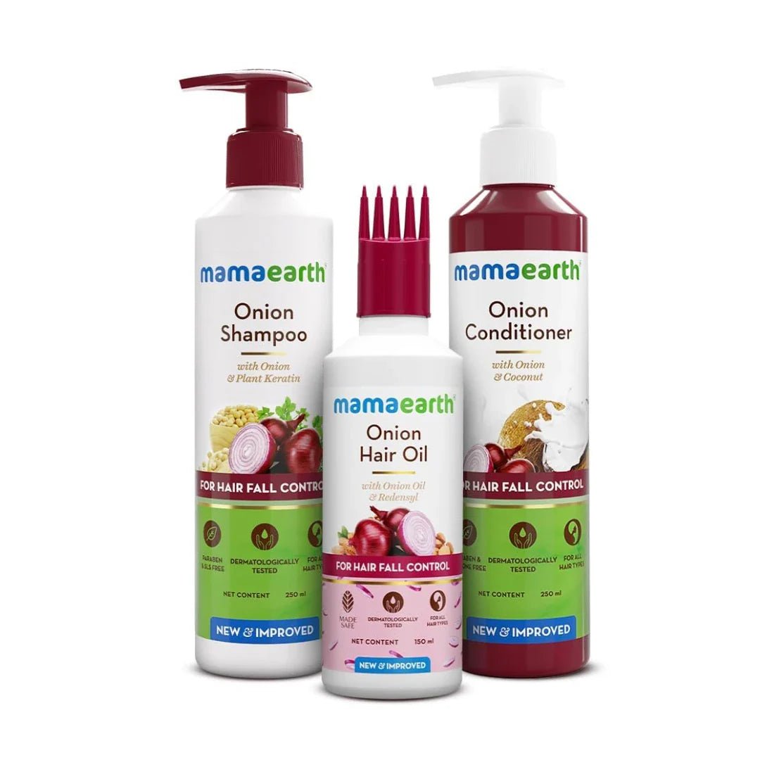mamahshampoo150ml - Mamaearth Anti Hair Fall Spa Range Hair Care Set: Onion Shampoo 250 ml + Onion Conditioner 250 ml + Onion Hair Oil 150 ml - Looknstyle