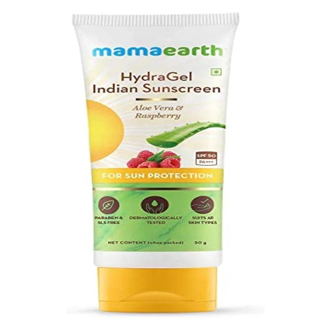 mamhsav50g - Mamaearth Hydragel Indian Sunscreen Spf 50, With Aloe Vera & Raspberry, For Sun Protection - 50G - Looknstyle