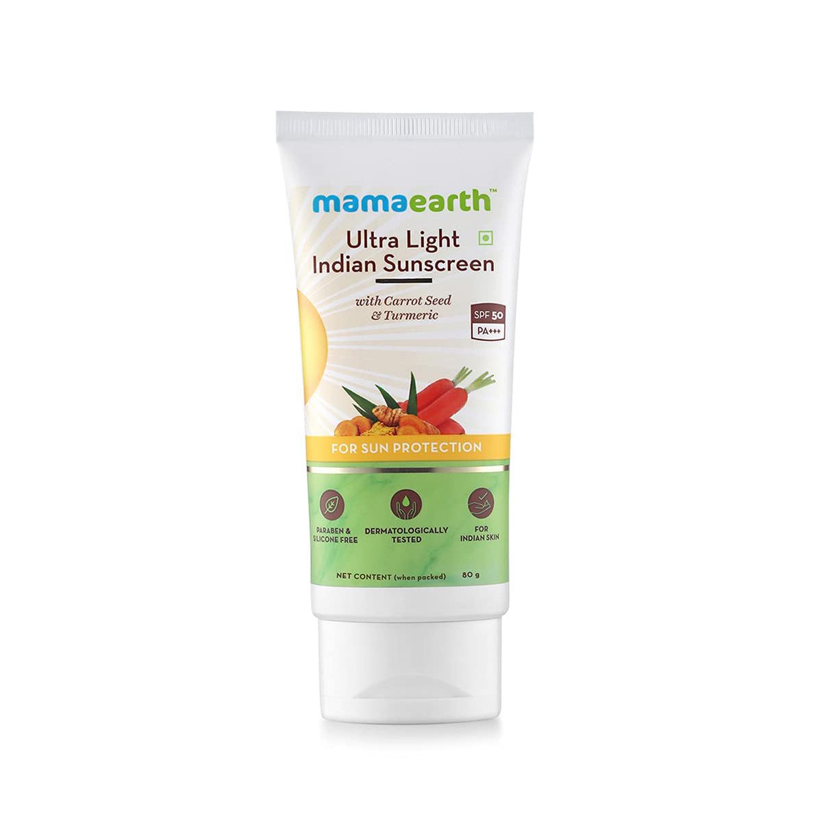 mama78 - Mamaearth Ultra Light Indian Sunscreen Cream with Carrot Seed, Turmeric and SPF 50 PA+++ (80ml) - Looknstyle