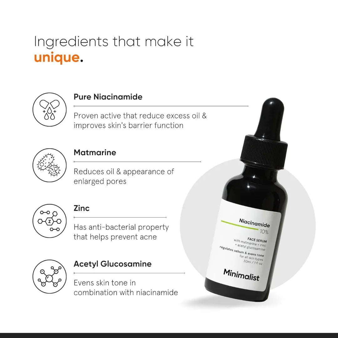 minNIA10-Minimalist 10% Niacinamide Face Serum for Acne Marks, Blemishes & Oil Balancing with Zinc | Skin Clarifying Anti Acne Serum for Oily & Acne Prone Skin (30 ml (Pack of 1))-Looknstyle