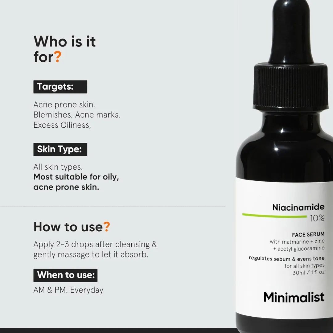 minNIA10-Minimalist 10% Niacinamide Face Serum for Acne Marks, Blemishes & Oil Balancing with Zinc | Skin Clarifying Anti Acne Serum for Oily & Acne Prone Skin (30 ml (Pack of 1))-Looknstyle