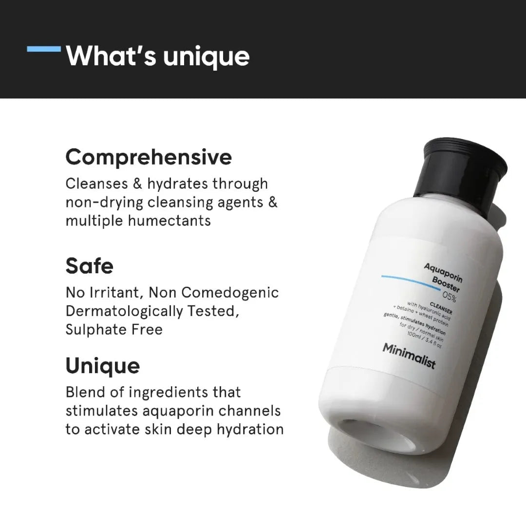 minAQUA5 - Minimalist 5% Aquaporin Booster | Cleanser For Dry Skin with Hyaluronic Acid | Hydrating | Sulphate Free | Non - drying Cleanser | For Women & Men (100 ml) - Looknstyle