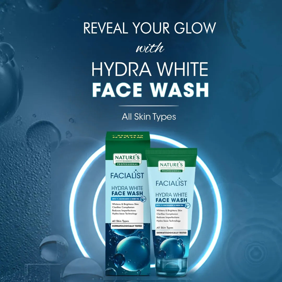 NATURE S ESSENCE PROFESSIONAL Hydra White Face Wash For Women Infused With Niacinamide, Tea Tree Extract And Chamomile Flower Extract, Whitens And Brightens Skin 100G