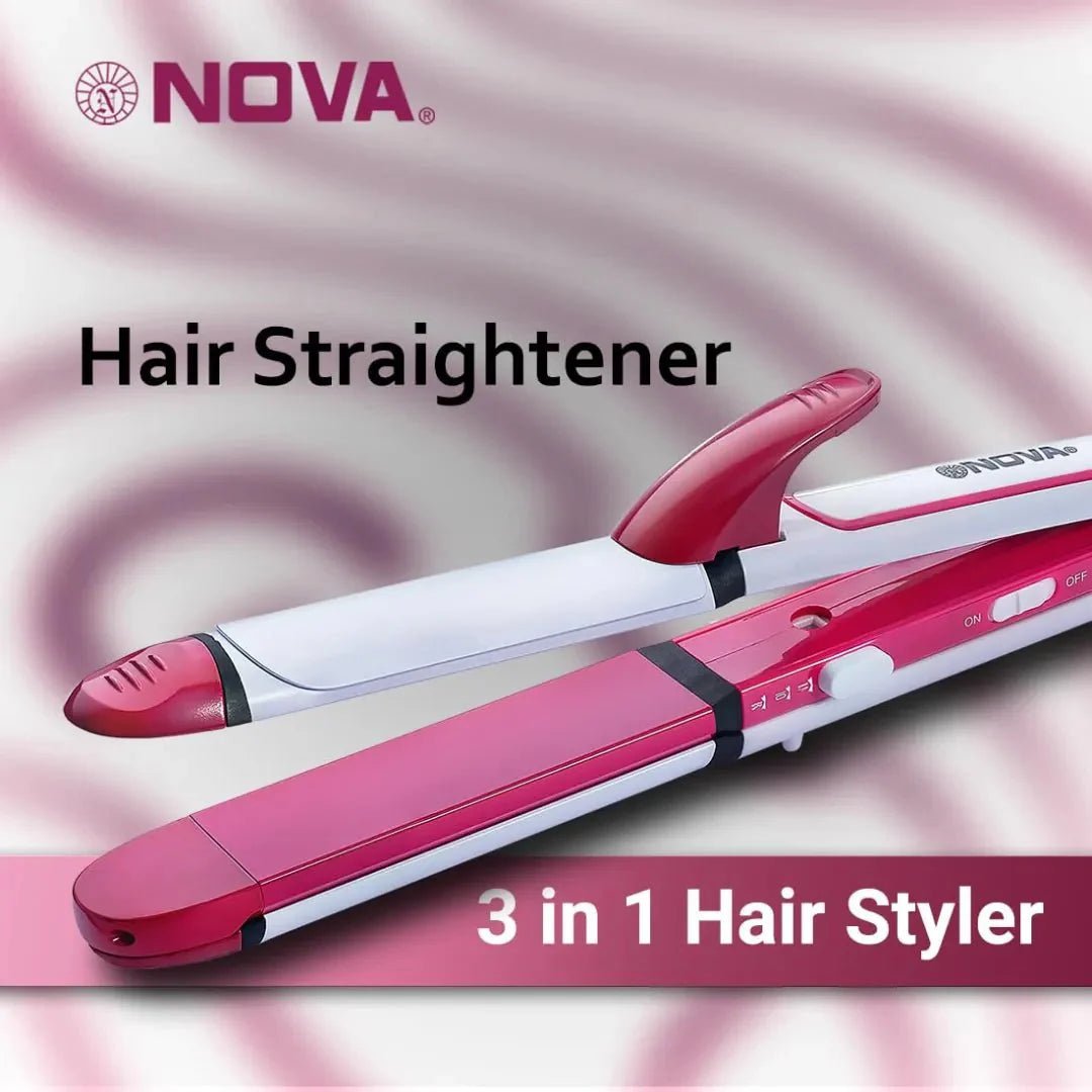 nohastr - NOVA 3 in 1 Hair Styler - Curler, Crimper NHS 806 Hair Straightener (White, Pink) - Looknstyle