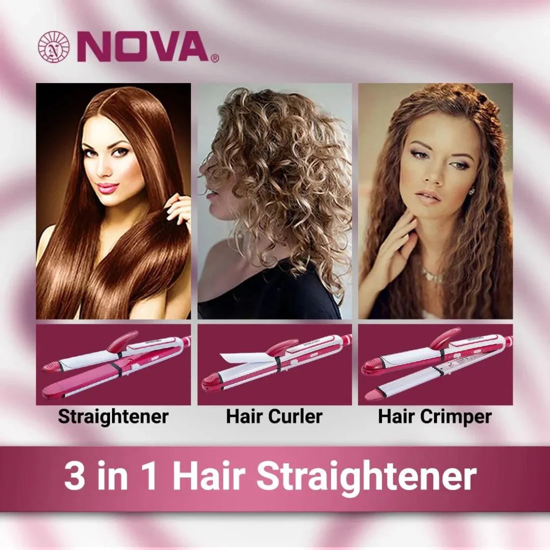 nohastr - NOVA 3 in 1 Hair Styler - Curler, Crimper NHS 806 Hair Straightener (White, Pink) - Looknstyle