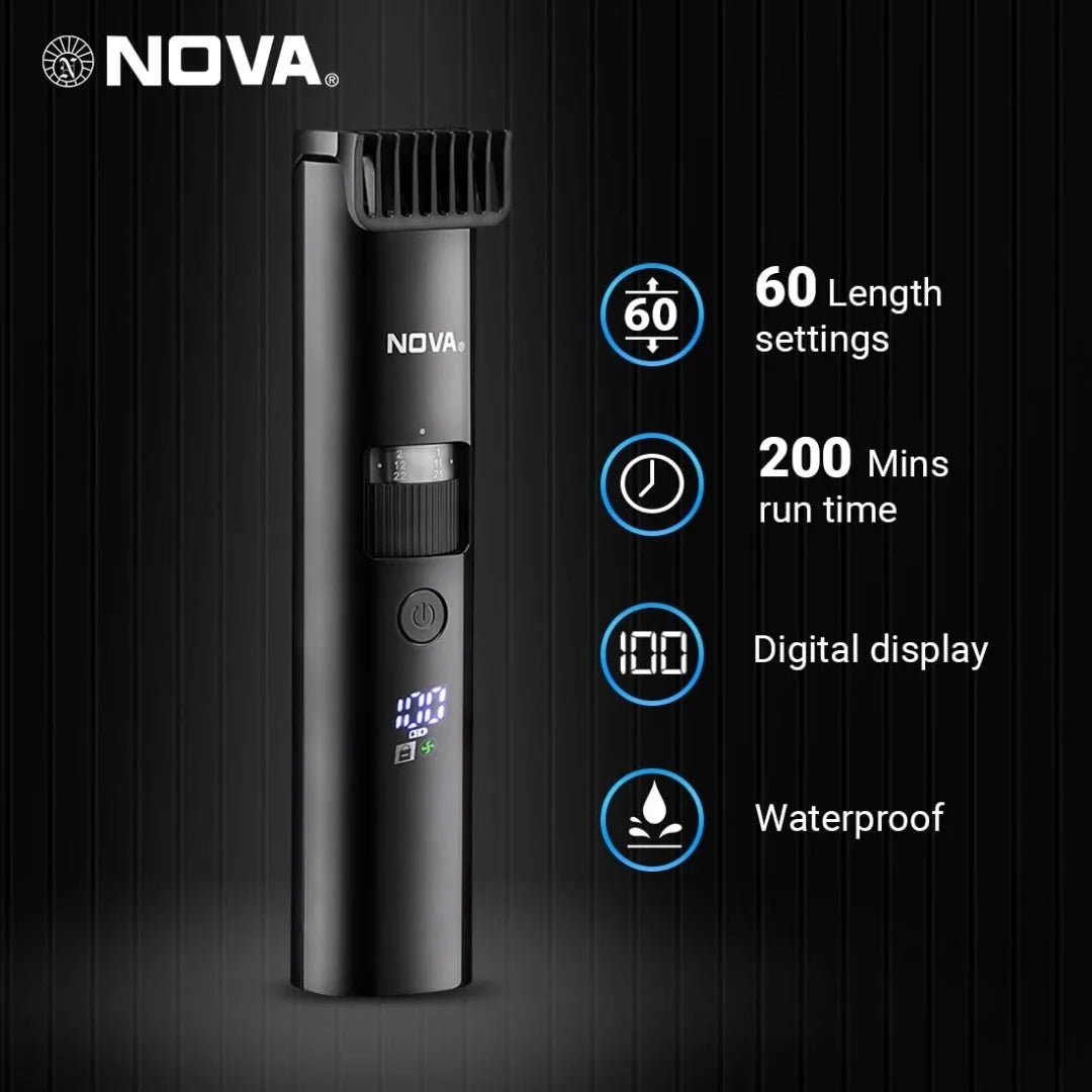 nht1100 - Nova Men Nht 1100 Digital Waterproof Trimmer 200 Min Runtime 60 Length Settings (Black) - Looknstyle