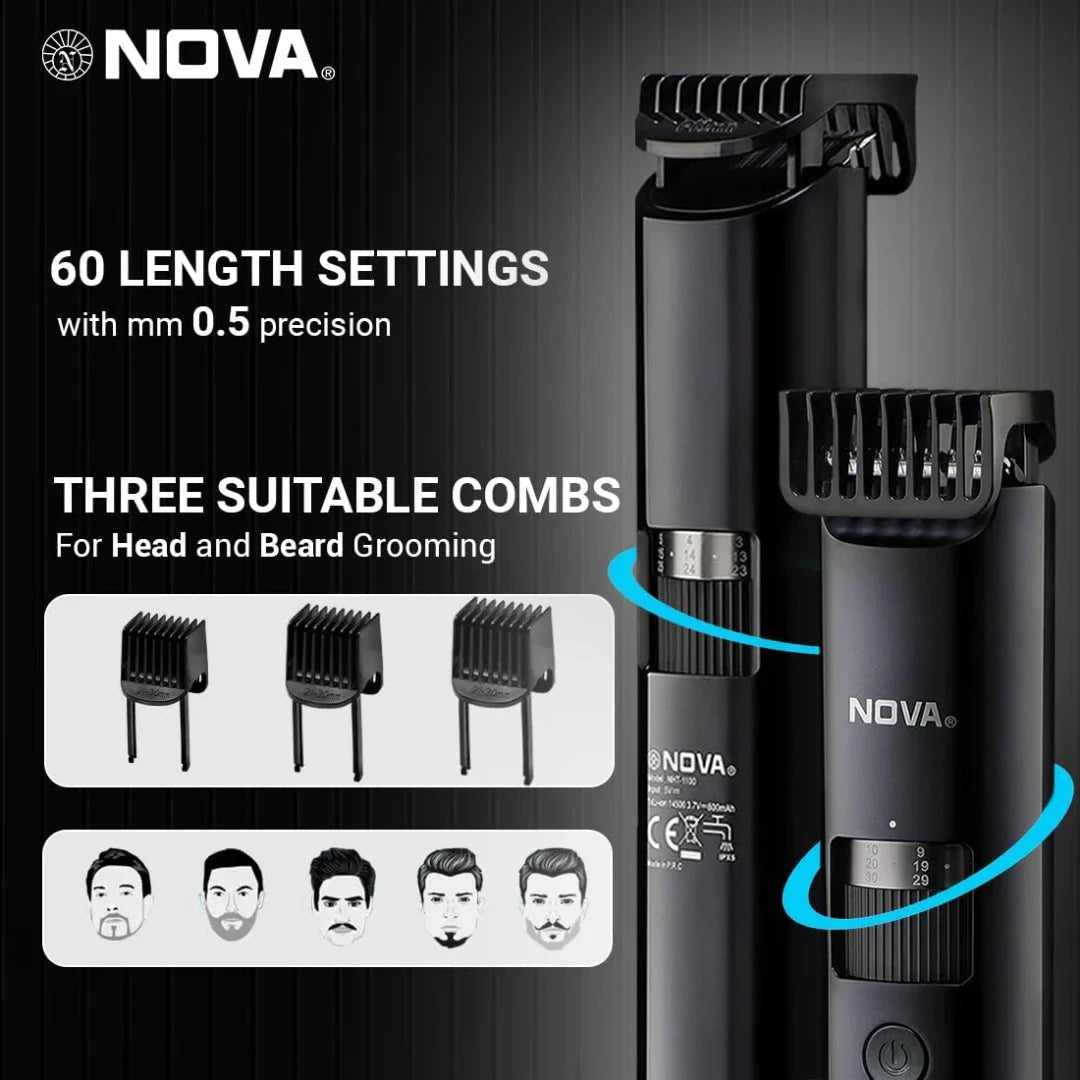 nht1100 - Nova Men Nht 1100 Digital Waterproof Trimmer 200 Min Runtime 60 Length Settings (Black) - Looknstyle