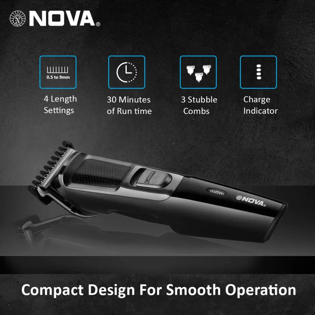 nht1074 - Nova NHT 1074 USB , Cordless , Rechargeable: 30 Minutes Runtime Beard Trimmer for Men (Black) - Looknstyle