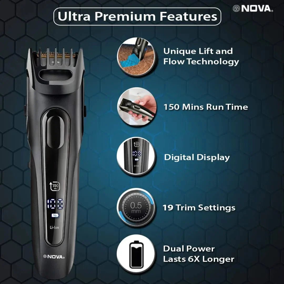 nht1098 - Nova NHT 1098 USB Titanium Coated: 150 Minutes Runtime Beard Trimmer for Men (Black) - Looknstyle