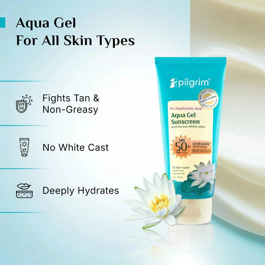 Pilgrim 1% Hyaluronic Acid Sunscreen Gel | Sunscreen SPF 50 +++ for men and women with Korean White Lotus | Broad spectrum, Non - greasy, No white cast & Prevents Tanning | All skin types | 50 gm - Deals999