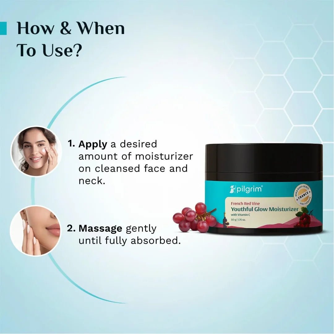 pmrdvnfccrm-PILGRIM French Red Vine Youthful Glow Moisturizer SPF 30 with Vitamin C, Rosehip Oil For Anti Ageing, Sun Protection PA+++, Daily Use, Dry, Oily, Combination Skin, Men & Women, 50g-Looknstyle