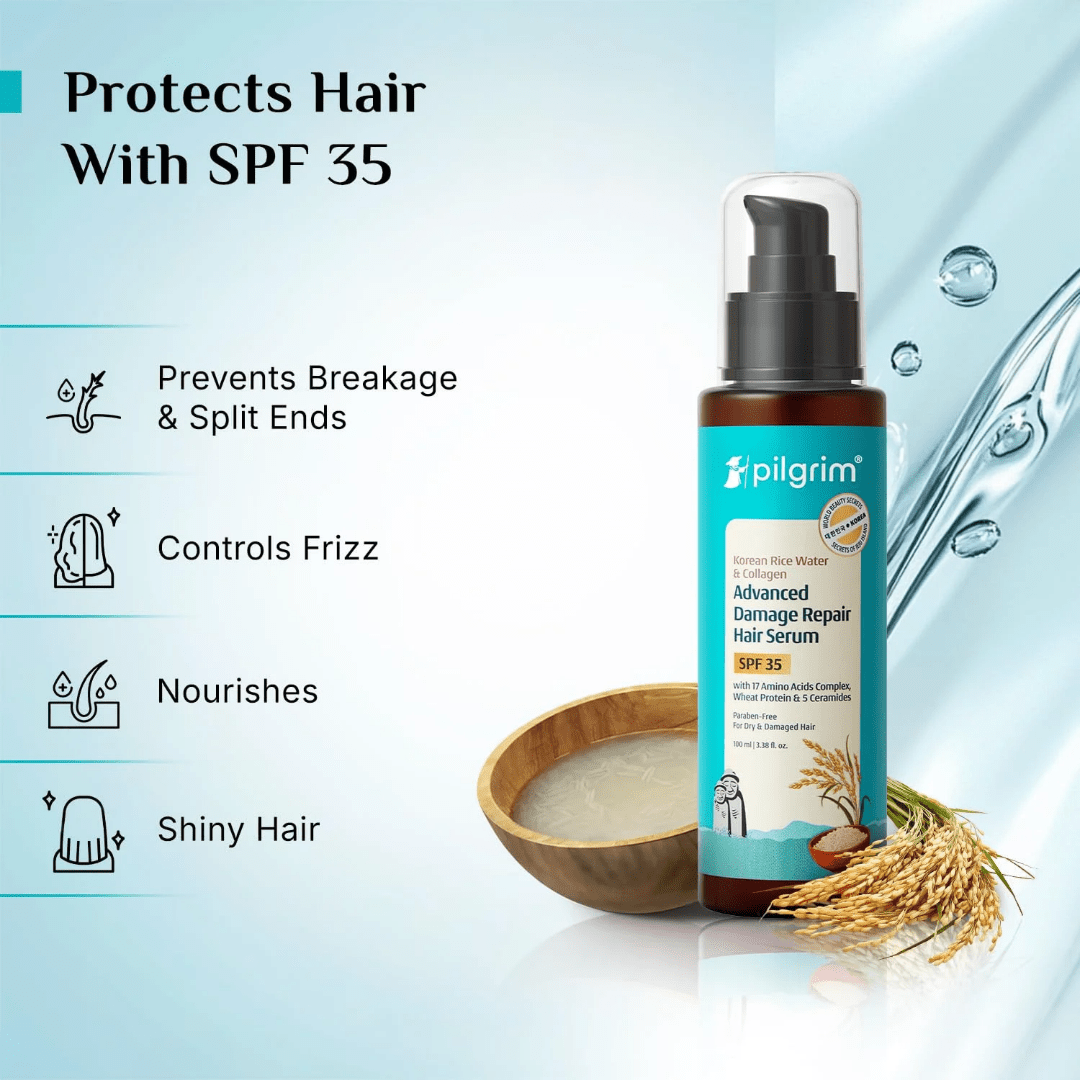 pilgserum-Pilgrim Korean Rice Water & Collagen Advanced Damage Repair Hair Serum SPF 35 with 17 Amino Acids Complex, Wheat Protein & 5 Ceramides - 100ml-Looknstyle