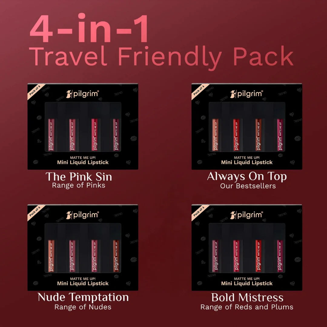 Pilgrim Matte Mini Liquid Lipstick 4 in 1 Pack Smudgeproof, Hydrating & Lightweight (The Pink Sin, 4 ml)