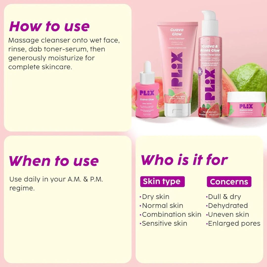 plixstcfw - PLIX - THE PLANT FIX Guava & Roses Regime for Bright Skin & Balanced Skin pH| Hydrating Cleanser| 2 - in - 1 Toner Serum| Vitamin C Serum | Smoothie Moisturizer | For Men & Women (pack of 4 ) - Looknstyle