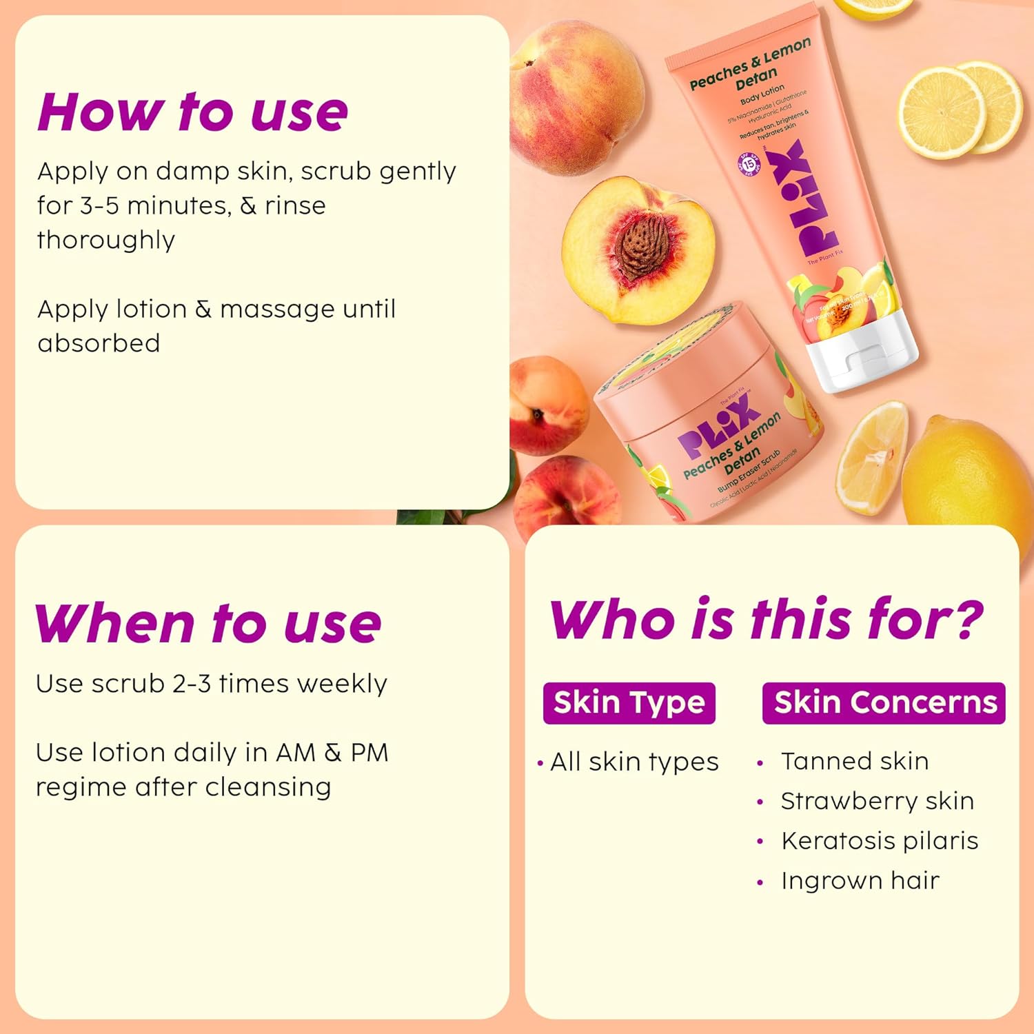 plxscrub - PLIX - THE PLANT FIX Peaches & Lemon Detan Bump Eraser Scrub (200g) | Removes Tan & Restores Skin’s Moisture, Reduces Dark Spots, Uneven Skin Tone, & Reveals Softer Smoother Skin - Looknstyle