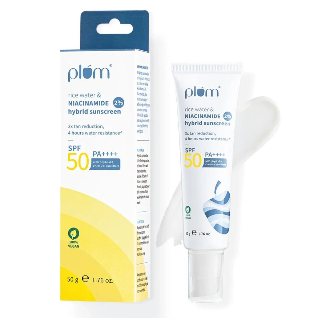 spf50 - Plum 2% Niacinamide Sunscreen SPF 50 PA++++ With Rice Water | 4 - hr Water Resistant | 3x Tan Reduction & Brightens | No White Cast, Lightweight, Non - Sticky | Dermatologically Tested | All Skin Types | Women & Men | 100% Vegan | 50g - Looknstyle