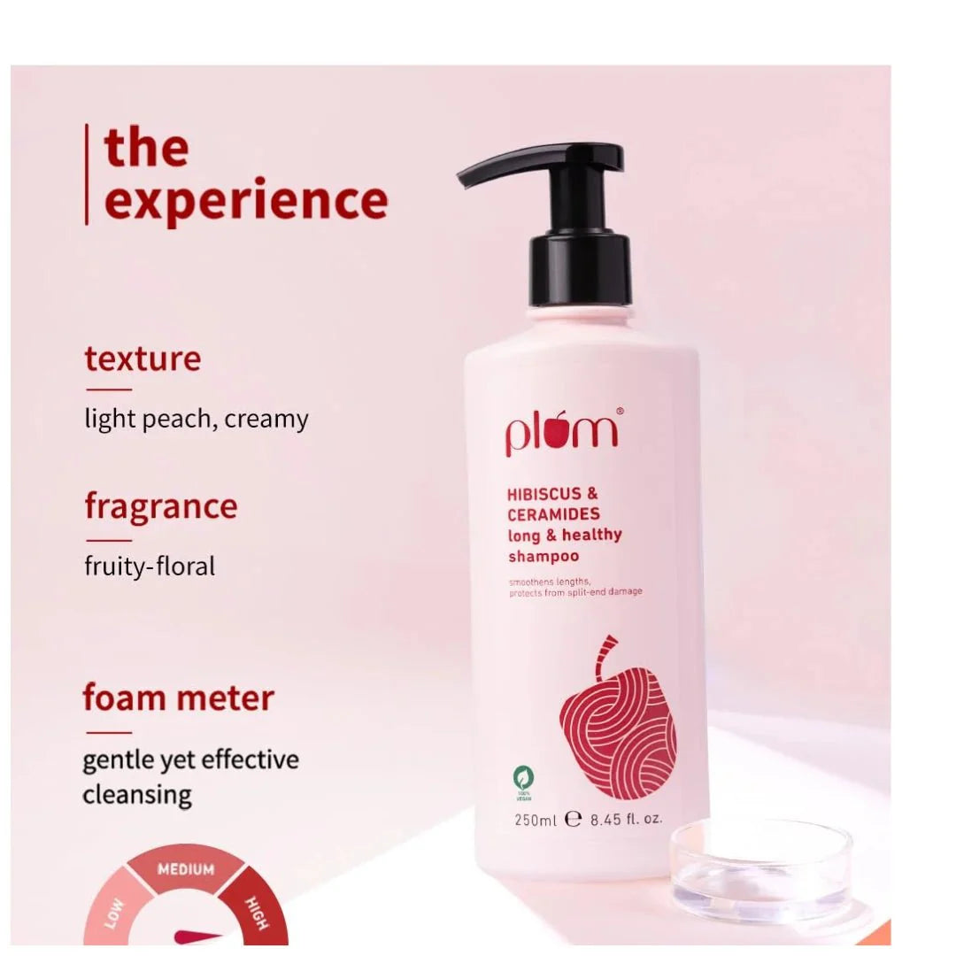 Plum Hibiscus & Ceramides Long & Healthy Shampoo | Hydrates & Conditions Hair, Prevents Split Ends |Contains Hibiscus Extracts, Ceramides |100% Vegan | 250ml - Deals999