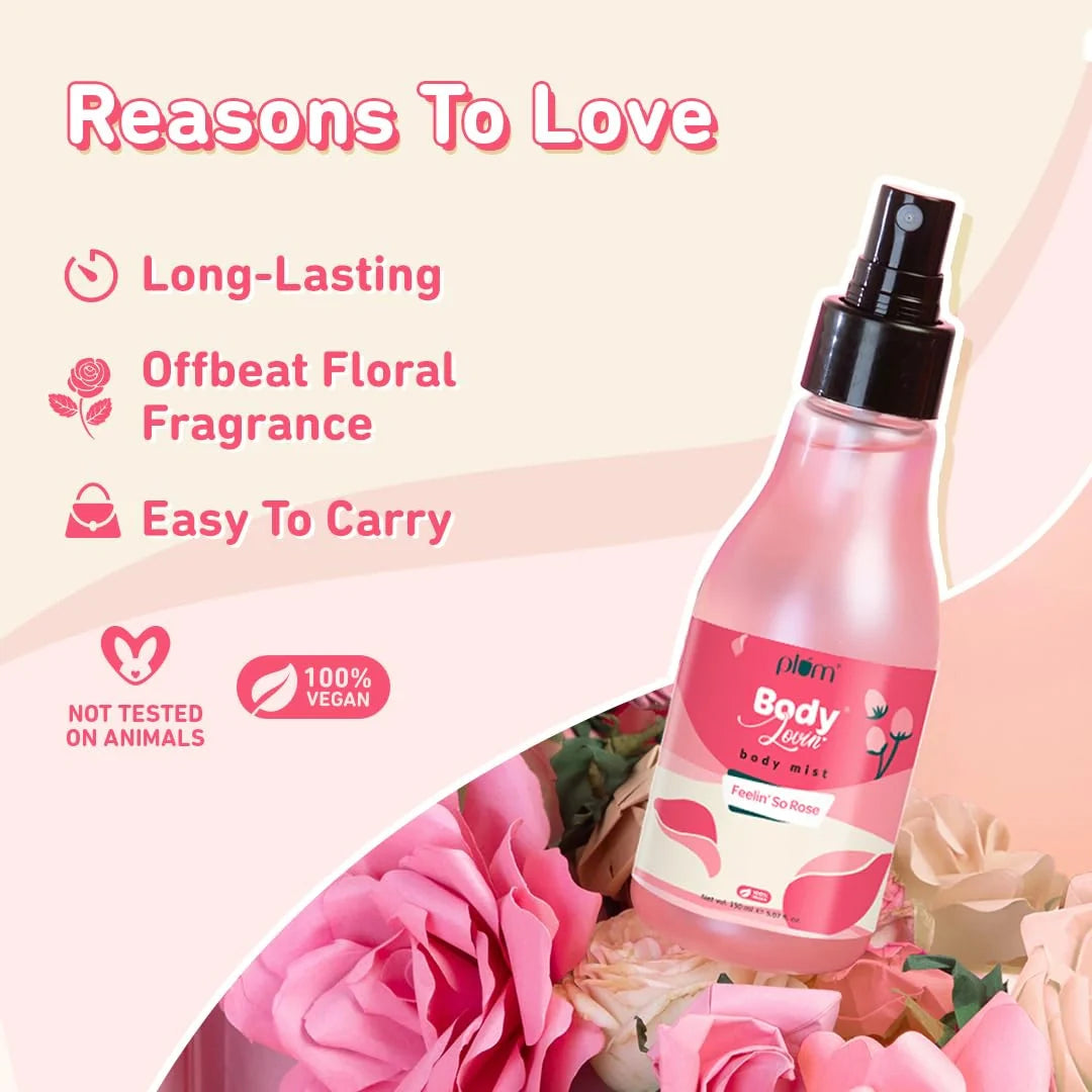 Plum BodyLovin' Feelin' So Rose Body Mist | Long Lasting Floral Fragrance For Women With Fresh Floral, Rose & Musk | High On Fun | Travel-Friendly Perfume Body Spray 150 ml