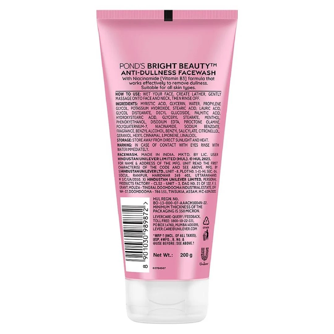 POND11 - POND's Bright Beauty Anti - Dullness & Brightening Facewash With Niacinamide | For Glass - Skin Like Shine And With 4X Visibly Brighter Skin, 200Gm - Looknstyle