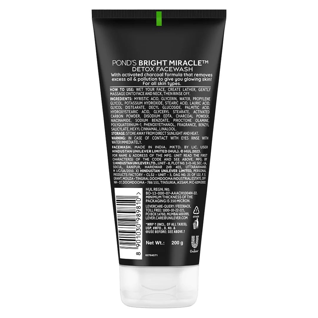 POND13 - POND'S Bright Miracle Detox Facewash | 10X Power of Activated Charcoal| For Deep Cleaned Skin | Reveals Glow, Pollution Clear Face Wash, 200gm - Looknstyle