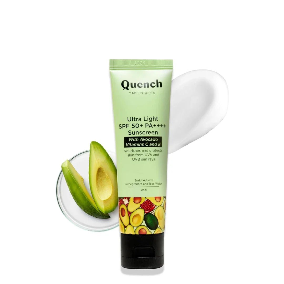 quenchsunscreen - QUENCH BOTANICS Bravocado SPF 50+ PA++++ Korean Sunscreen With Vitamin E & Avocado For Glowing Skin, Lightweight & Non - Sticky, UVA & UVB Protection For Unisex Of All Skin Type, 50ml (Pomegranate) - Looknstyle