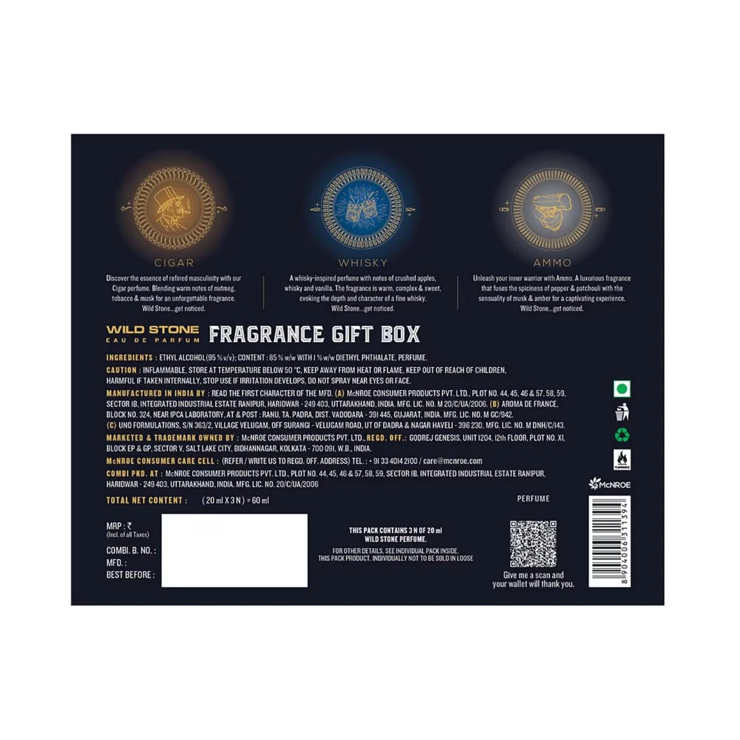 Wild Stone Perfume Gift Set of Whisky Cigar and Ammo Perfume for Men (3 pcs)