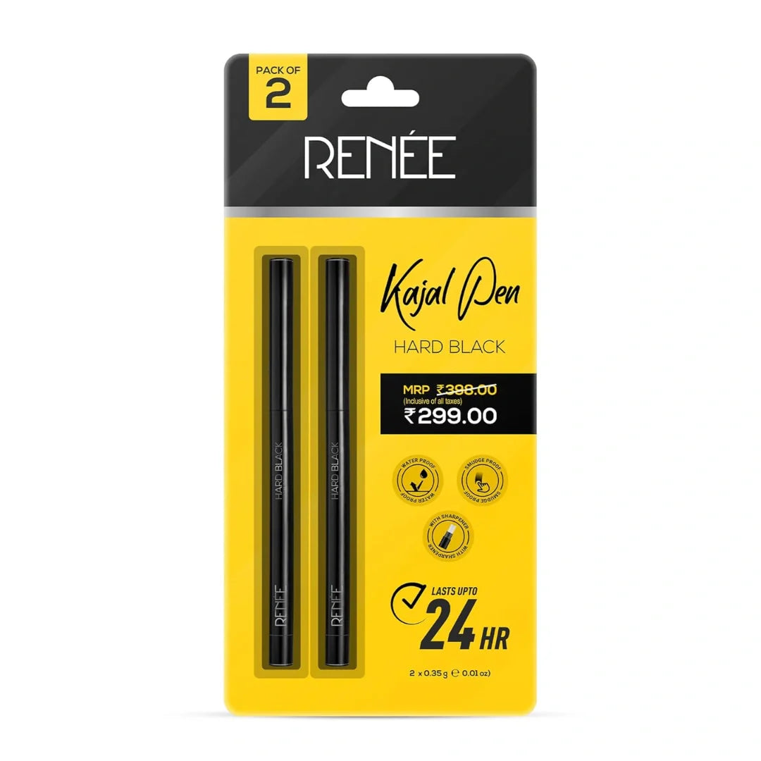 RENEE Hard Black Kajal Pen with Sharpener 0.35gm, Pack Of 2 | Matte Finish