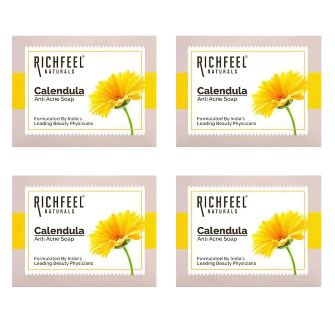 rich4 - Richfeel Calendula Anti - Acne Soap | For Skin prone to Acne & Blemishes | Physician Formulated | Helps Calm & Replenish Skin | 75 g (Pack of 4) - Looknstyle