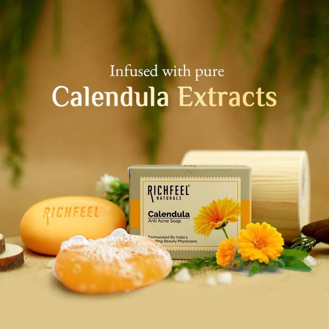 rfsop6 - Richfeel Calendula Anti Acne Soap | Power of Soothing Calendula Extracts | For skin prone to Acne & Blemishes | Physician Formulated | Helps Calm & Replenish Skin | 75 g (Pack of 6) - Looknstyle