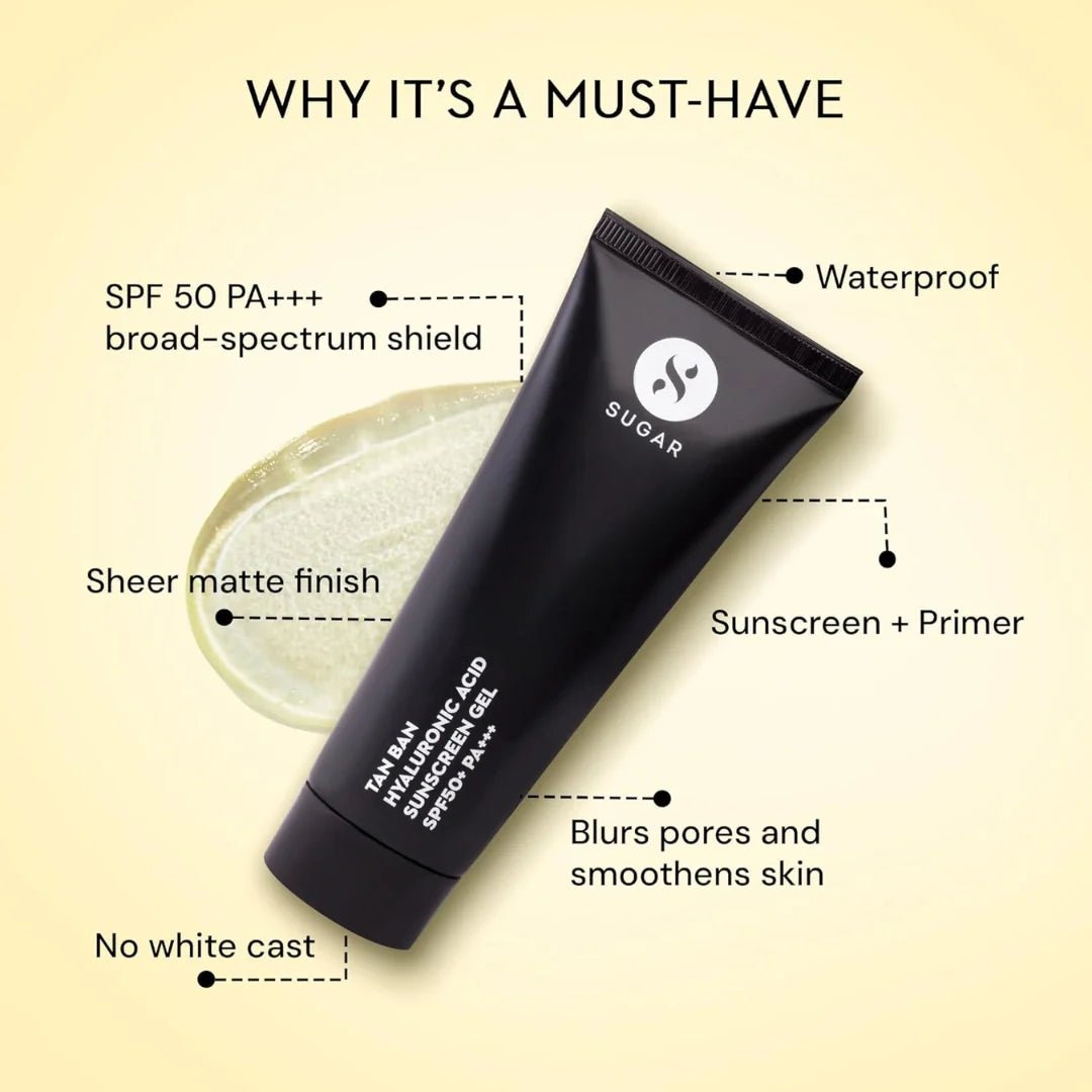 sugar spf - SUGAR Cosmetics Tan Ban Hyaluronic Acid Sunscreen SPF50+ PA+++ Gel |All Skin Non Greasy | Light Weight Formula | 50ml - Looknstyle