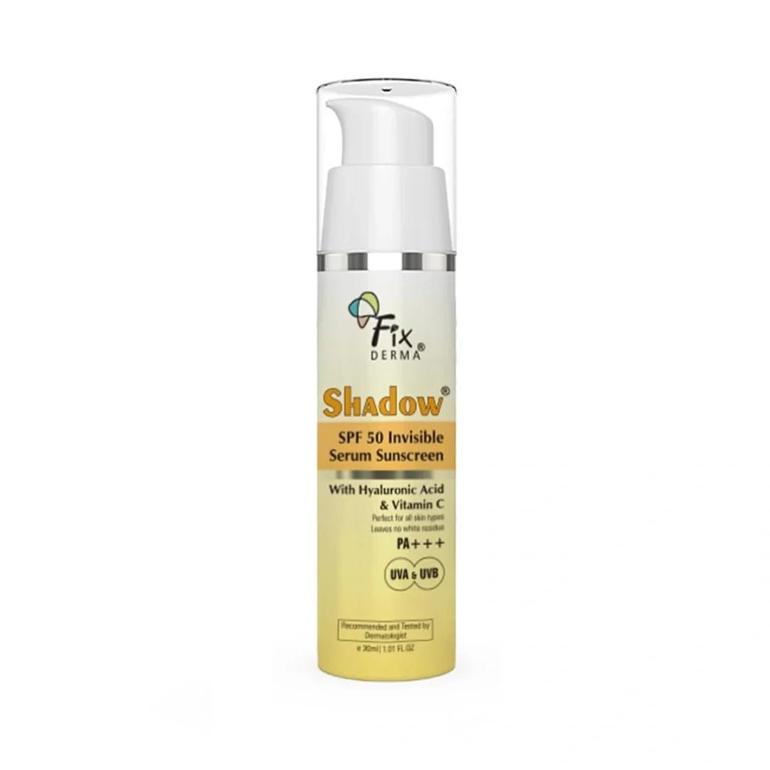 FIXDERMA Shadow Invisible Serum Sunscreen SPF 50+ PA+++|Ultra Lightweight Transparent Sunscreen with Vitamin C & Hyaluronic Acid|No White Cast|For All Skin Types|For Men & Women|Airless Pump 30 ML
