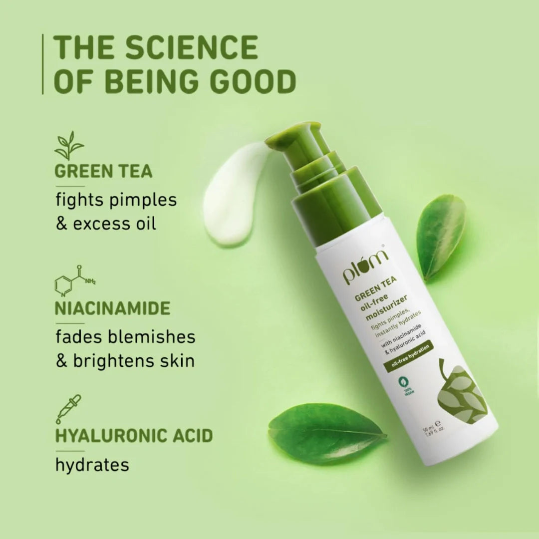 Plum Green Tea Oil-Free Face Moisturizer | With Niacinamide & Hyaluronic Acid | Fights Pimples & Hydrates | Fades Blemishes & Brightens Skin | Non-Sticky & Long-Lasting Moisturizer for Face | 50ml