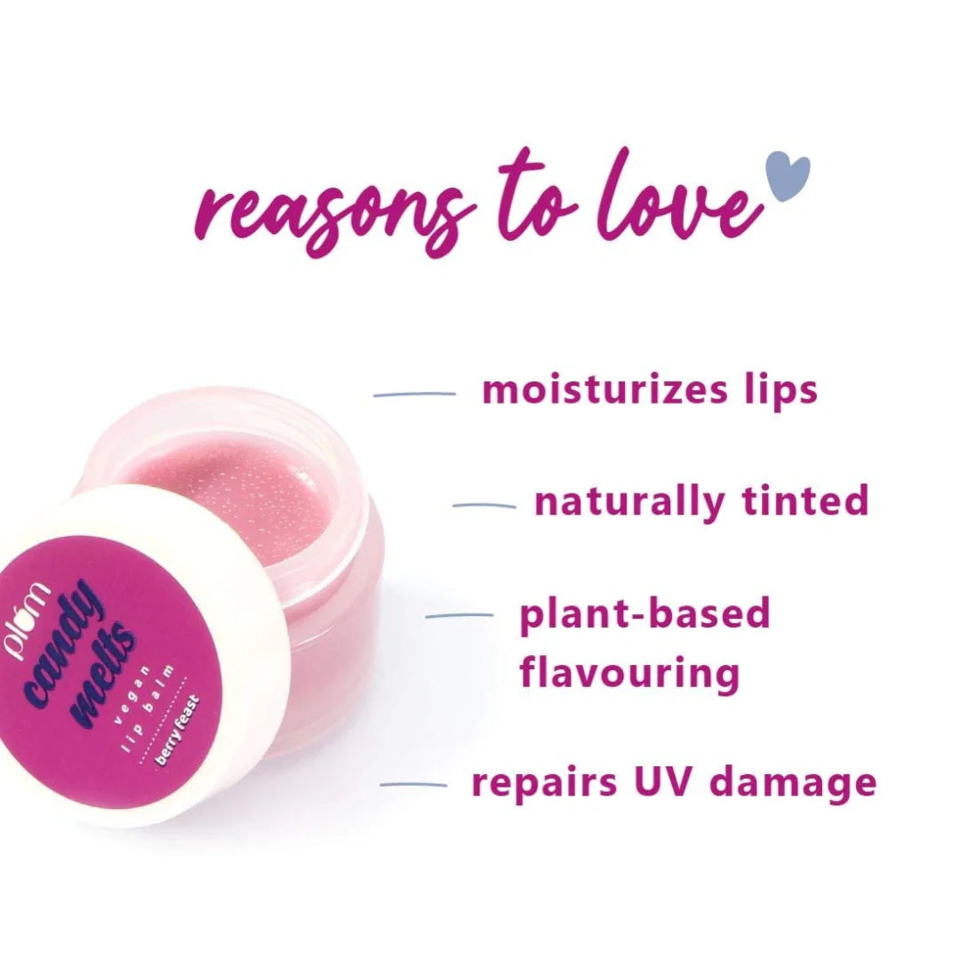 Plum Candy Melts Vegan Lip Balm | Berry Feast | For Dry & Chapped Lips | Natural SPF with Vitamin A | Natural UV Protection | Ultra Moisturization | Added Shine | 100% Vegan | Paraben Free | 12g