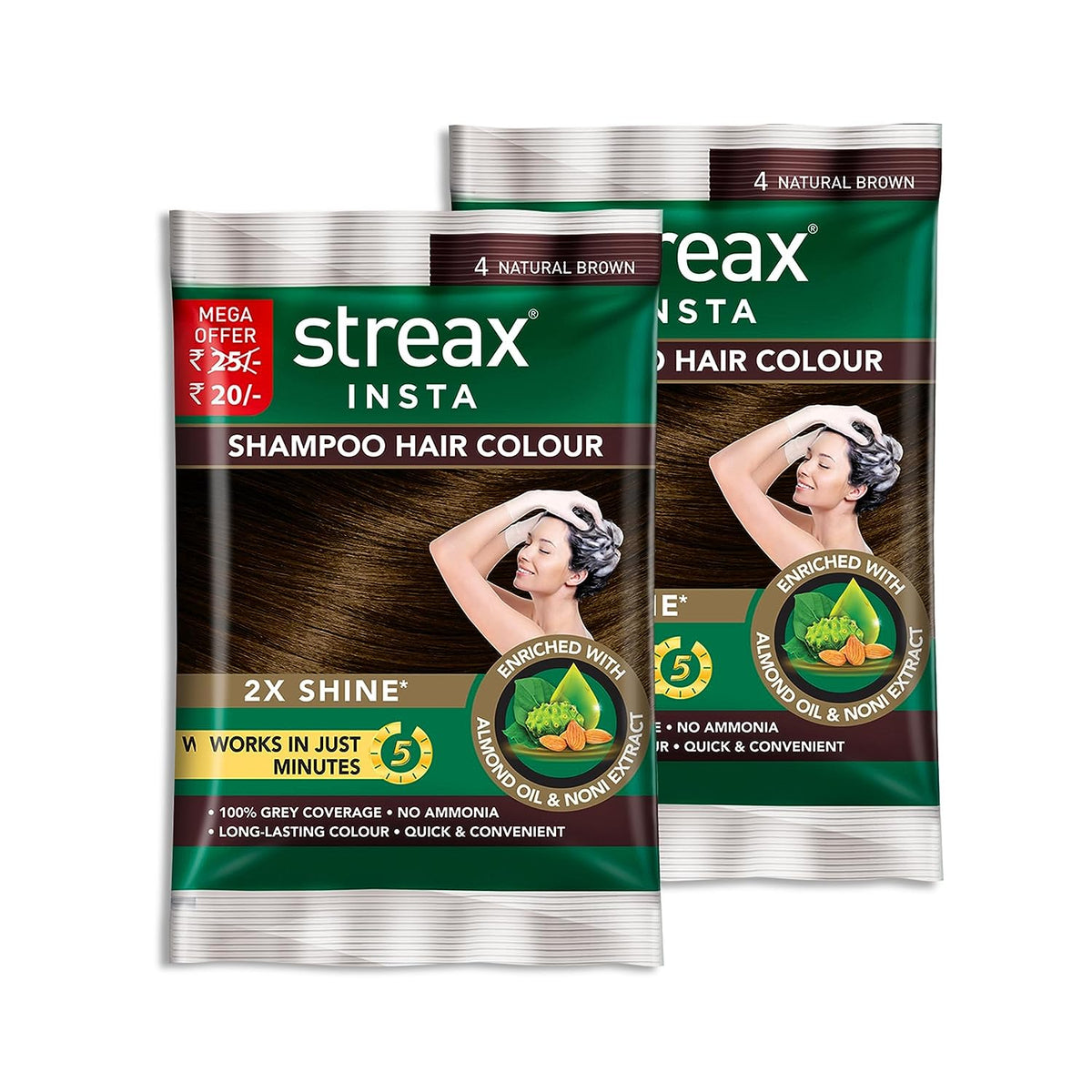 st1-Streax Insta Shampoo Hair Colour For Men & Women, Natural Brown, 18ml (Pack of 16) | Enriched With Almond Oil & Noni Extracts | Long-Lasting Instant Colour-Looknstyle