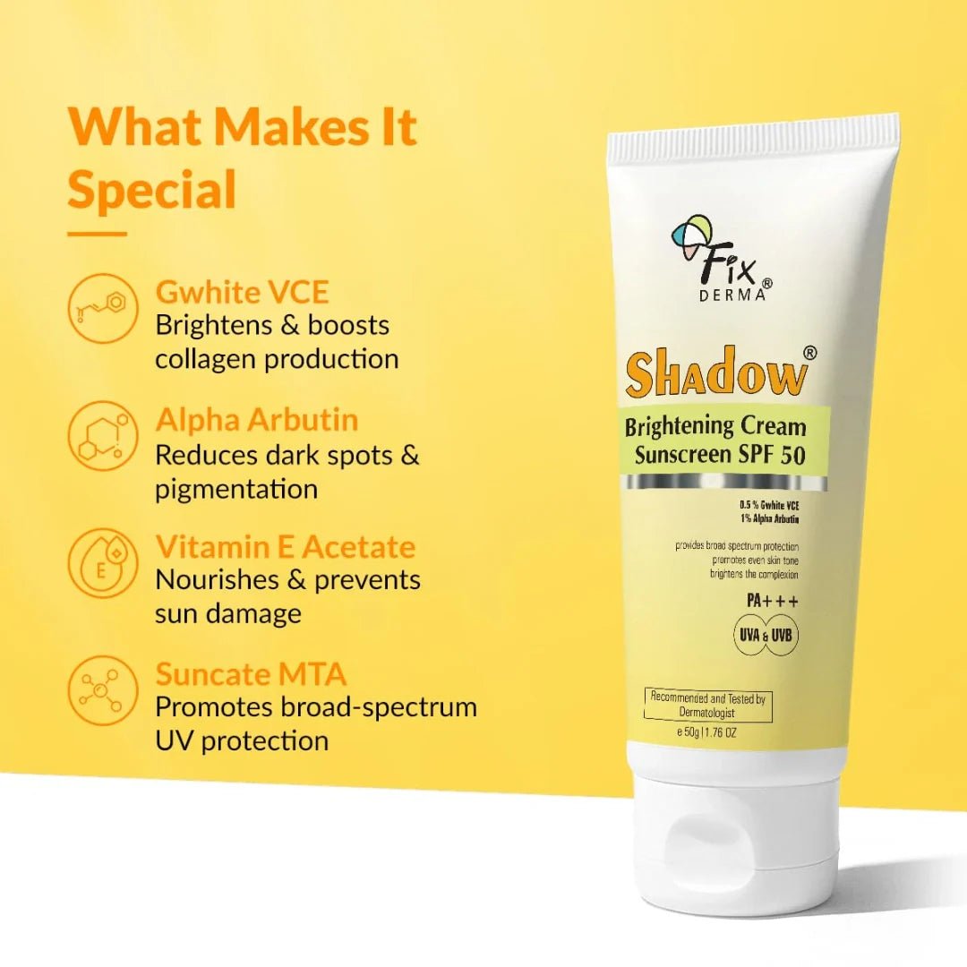 fix brighthning spf50 - Fixderma Shadow Brightening Sunscreen SPF50 PA+++ with 1% Alpha Arbutin | UVA/UVB, Broad Spectrum Protection | Reduce Tan & Brightens the Complexion | Lightweight, No White Cast, All Skin Type - 50GM - Looknstyle
