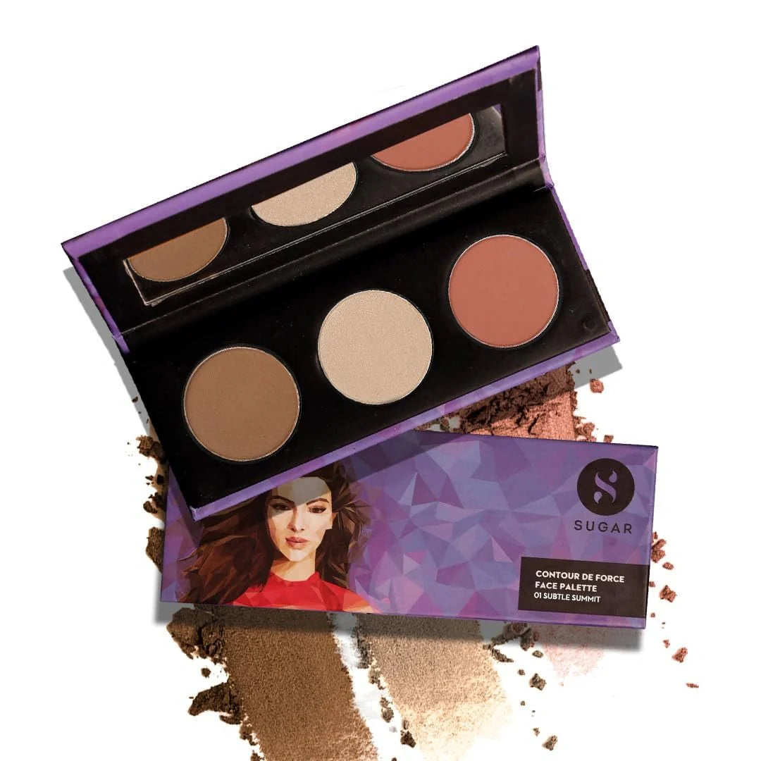 SUGAR Cosmetics Contour De Force Face Palette for Makeup | Includes Matte Bronzer, Highlighter & Blush | Makeup Palette with Built - in Mirror - 01 Subtle Summit - Deals999