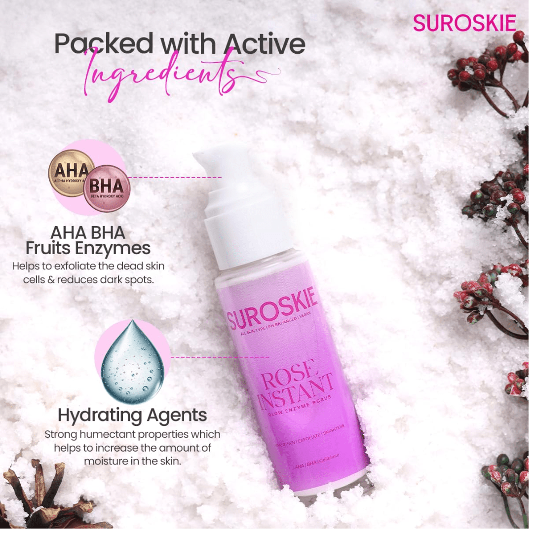 suroskie  rose scrub - SUROSKIE Rose Instant Enzyme Face Scrub 50ml | India’s First Enzyme Scrub For Glowing Skin, Cleans Pores & Dark Spots | Clear White & Black Head | Rose, AHA+ BHA & Cellulose Extract| For Men & Women - Looknstyle
